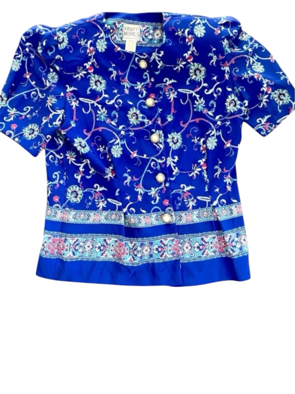 VINTAGE 80s FLORAL BLUE BLOUSE 12 BUTTON DOWN KRISTY MICHAELS RETRO GRANDMACORE